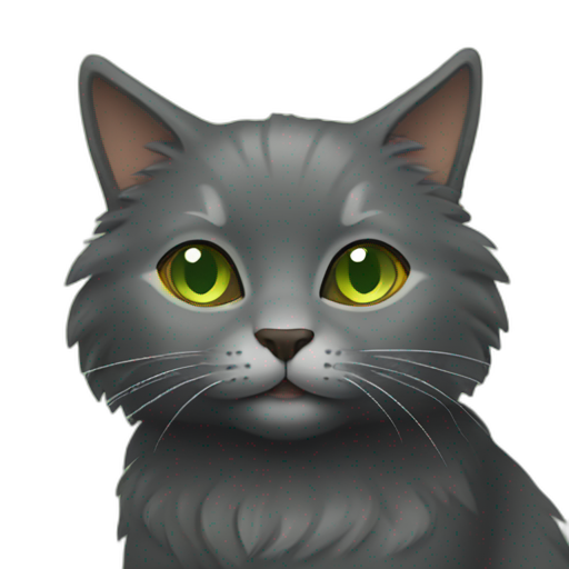 A TOK emoji of a fluffy dark solid gray cat with light green eyes with autumn leaves
