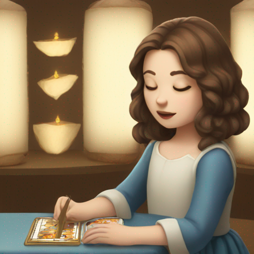 A TOK emoji of a girl with brown hair and white skin is reading tarot